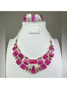 Pink Botswana Agate 925 Large Gemstone Necklace & Bracelet set